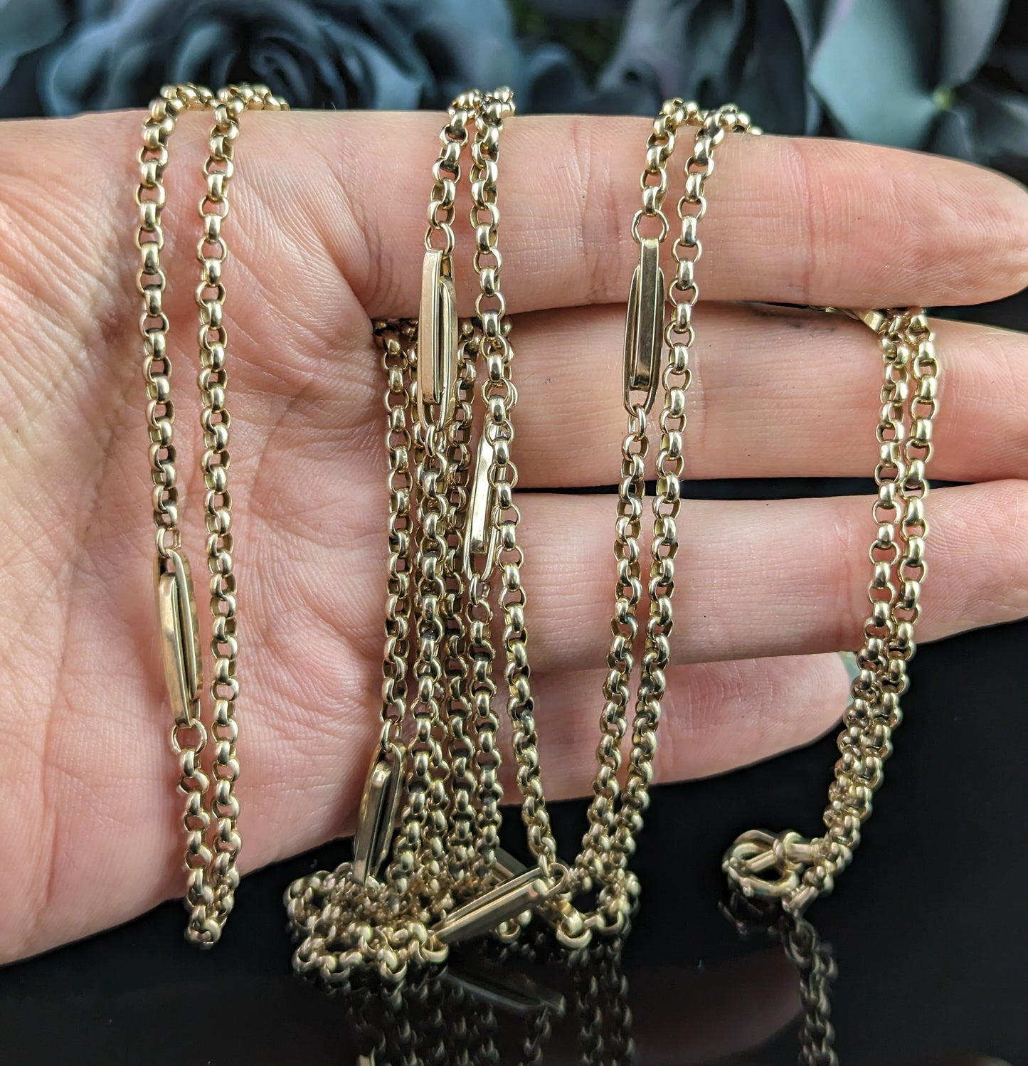 Antique 9ct gold fancy link long chain necklace, guard chain, Victorian