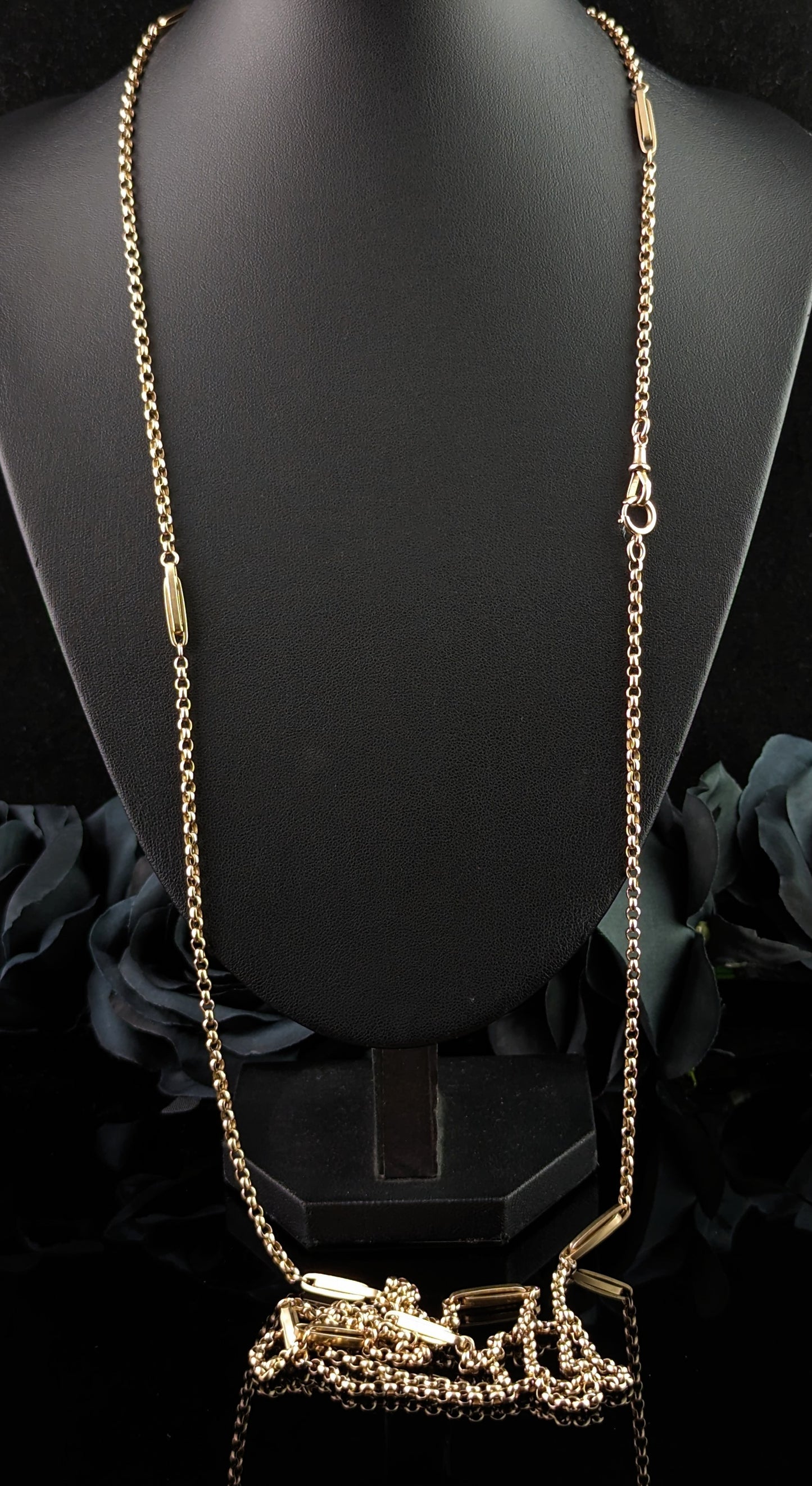 Antique 9ct gold fancy link long chain necklace, guard chain, Victorian