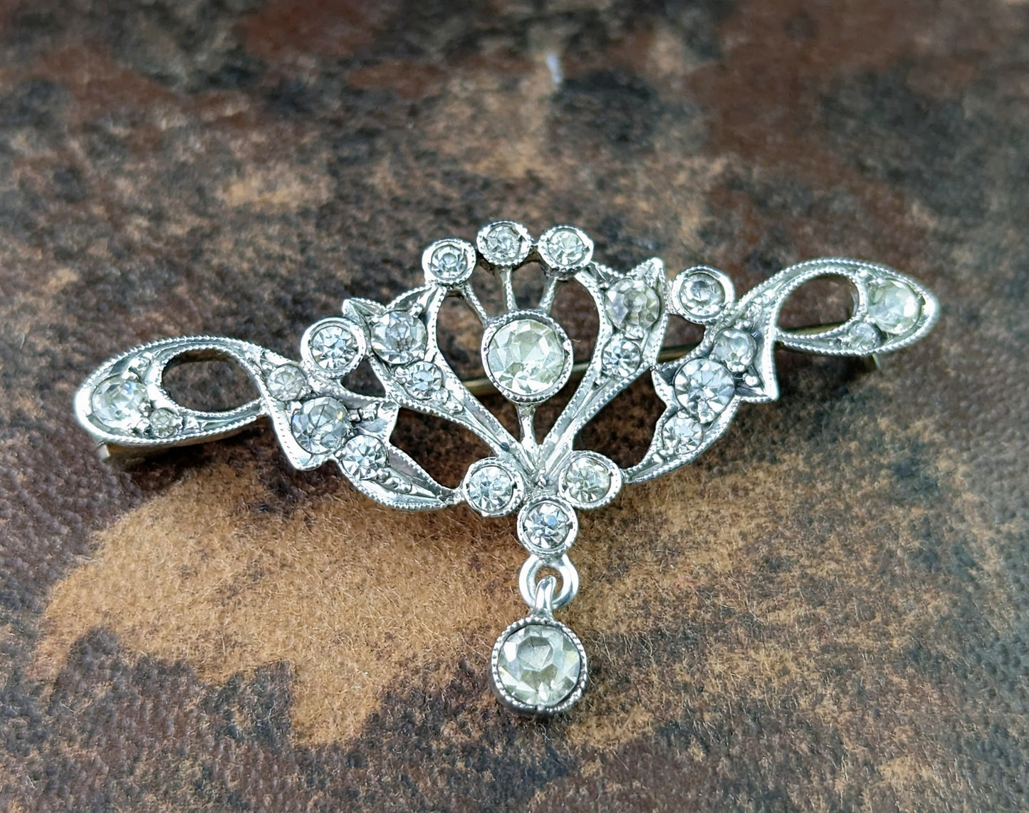 Antique paste floral dropper brooch, 800 silver, Art Nouveau