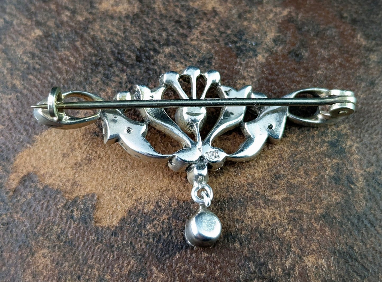Antique paste floral dropper brooch, 800 silver, Art Nouveau