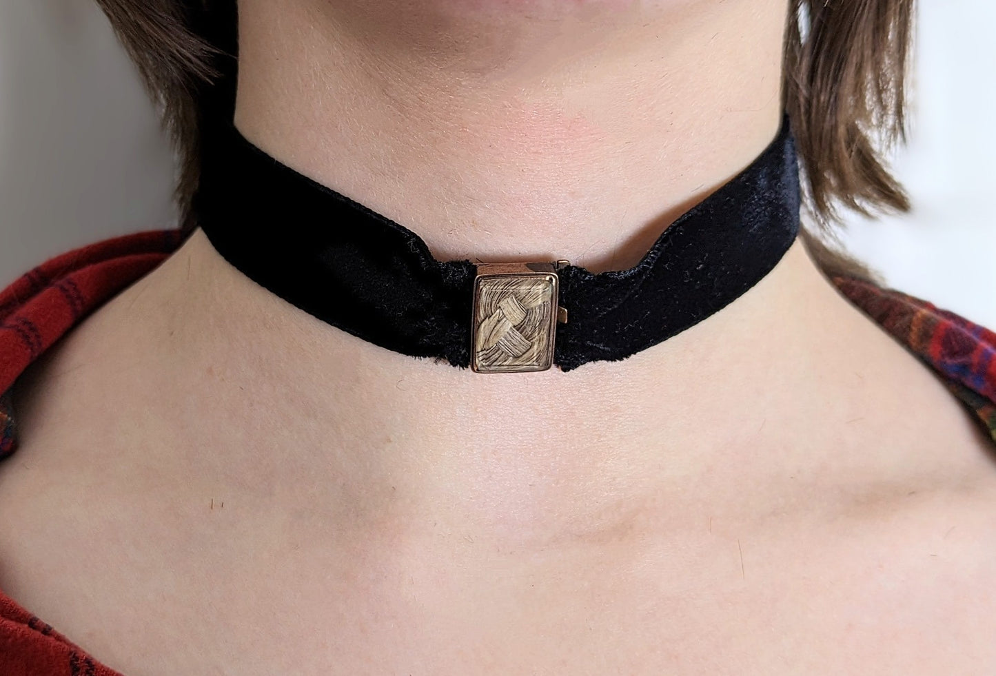 Antique mourning choker necklace, Black velvet, 9ct gold and Hairwork