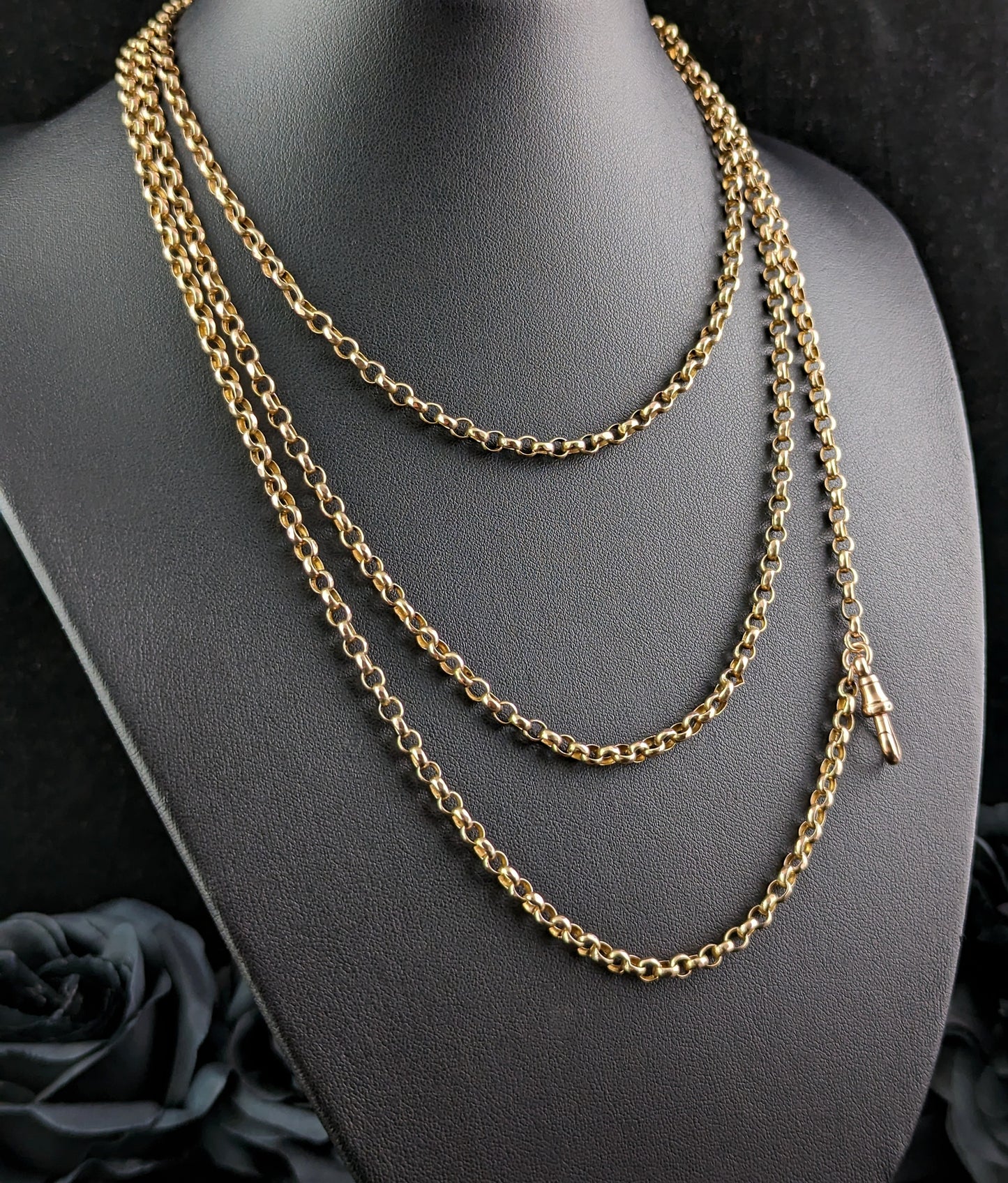 Antique 9ct gold longuard chain necklace, muff chain, Rolo link