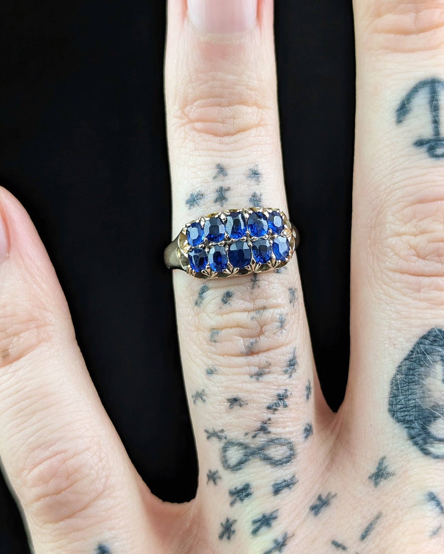 Antique Sapphire double row ring, 9ct gold, Victorian