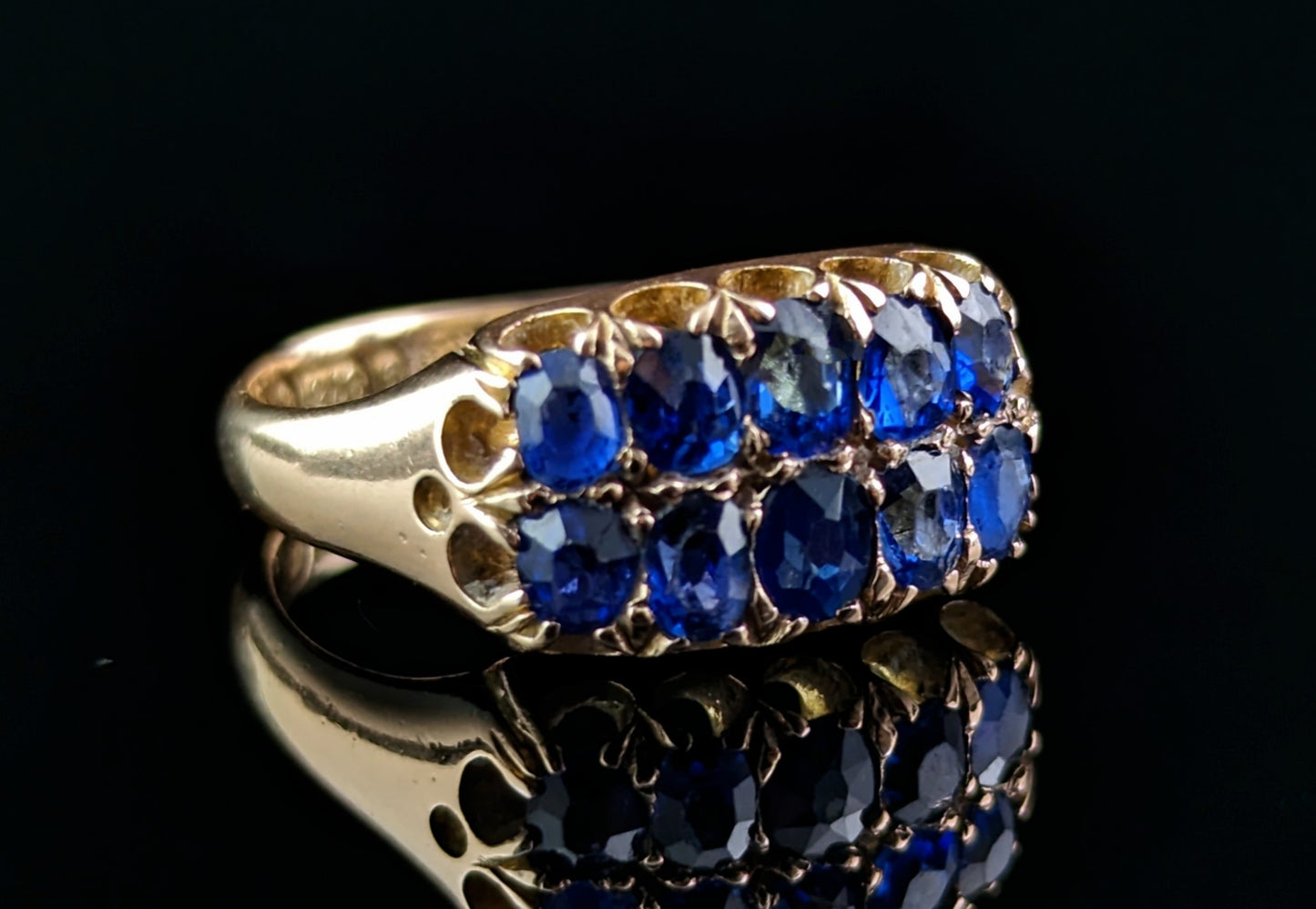 Antique Sapphire double row ring, 9ct gold, Victorian