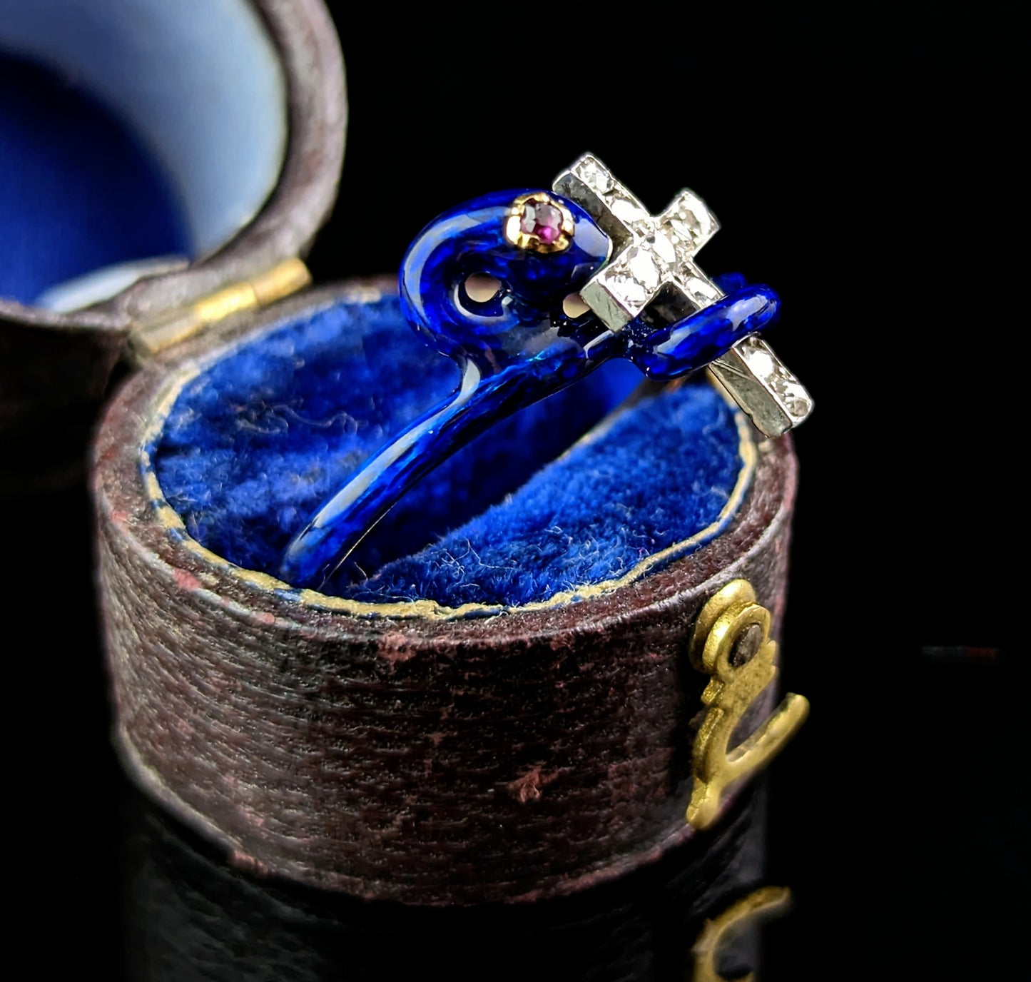 Antique Blue enamel snake ring, Diamond Cross, Ruby, 14ct gold
