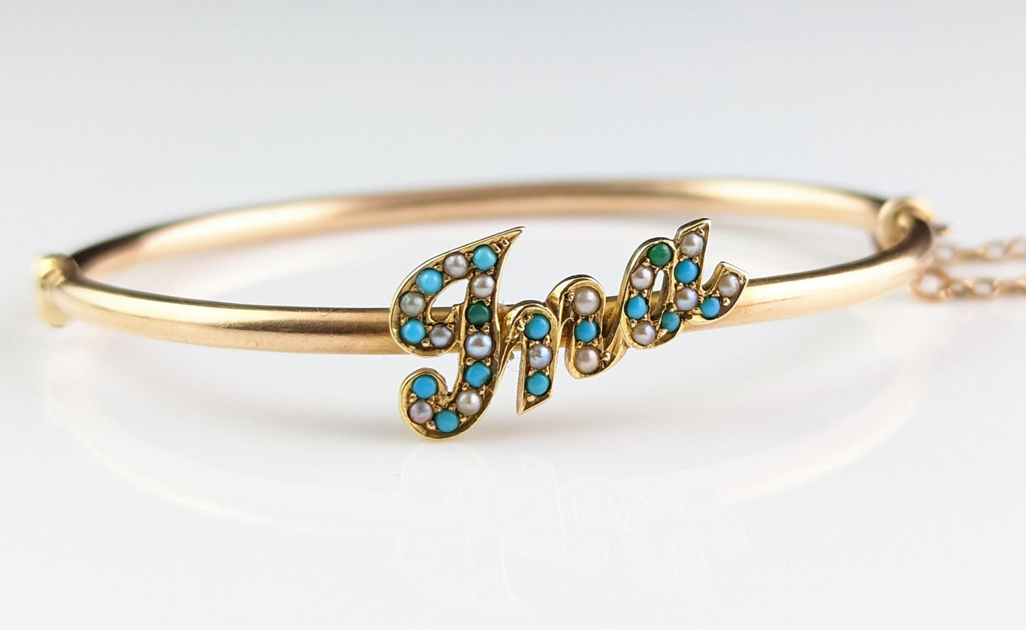 Antique 15ct gold name bangle, Ina, Turquoise and Pearl