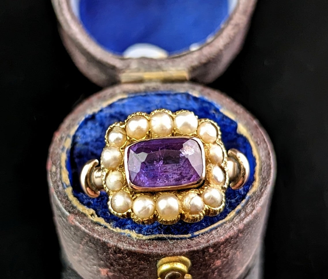 Antique George IV mourning ring, Amethyst and Pearl