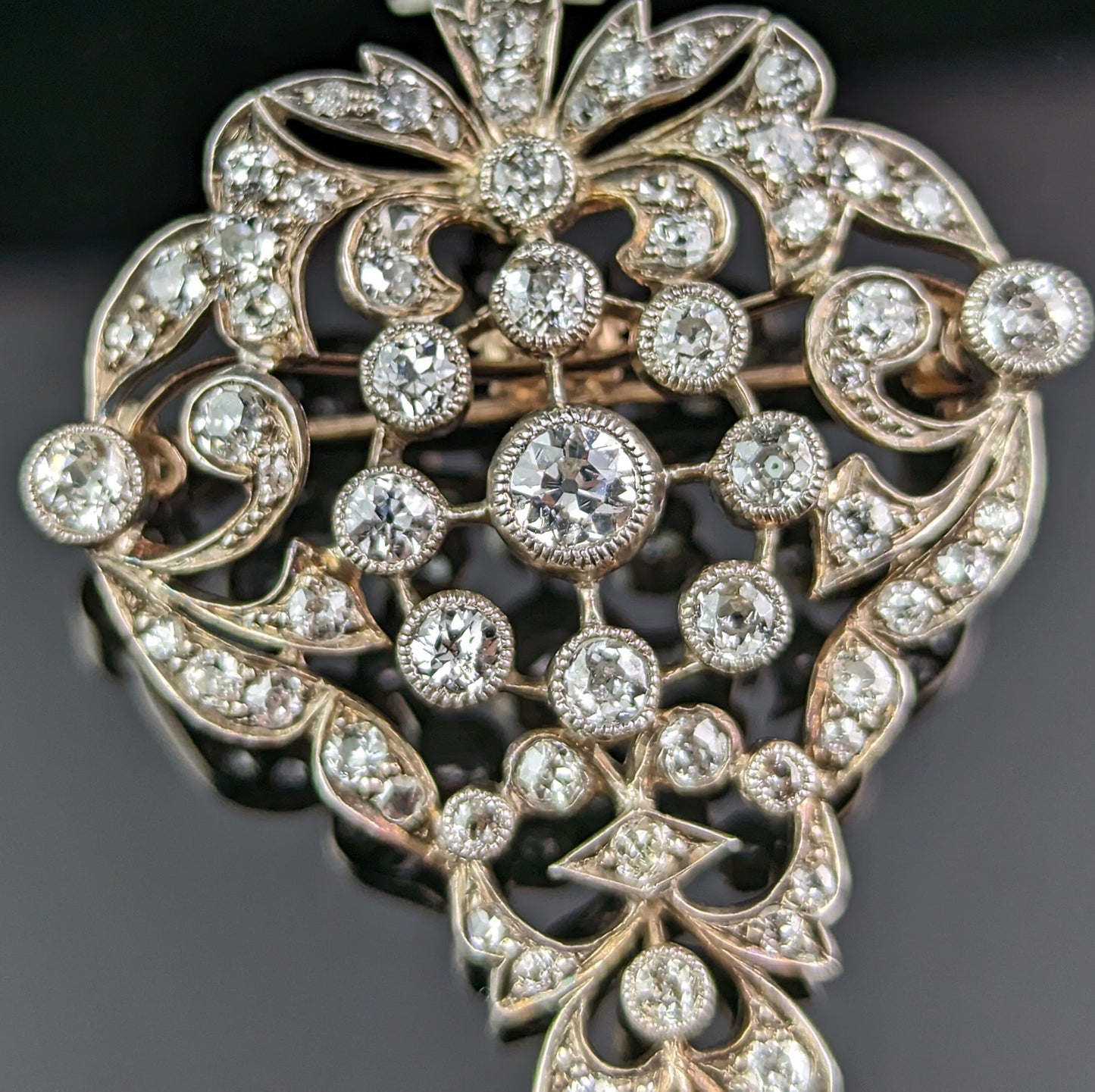 Antique Victorian Diamond pendant brooch, Bunch of grapes, 9ct gold and silver