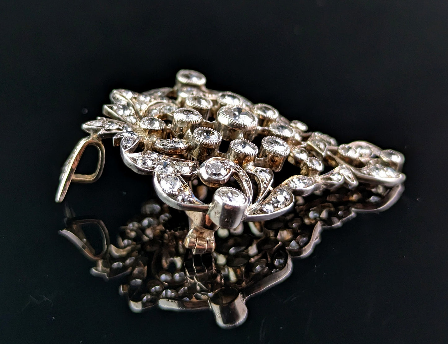 Antique Victorian Diamond pendant brooch, Bunch of grapes, 9ct gold and silver
