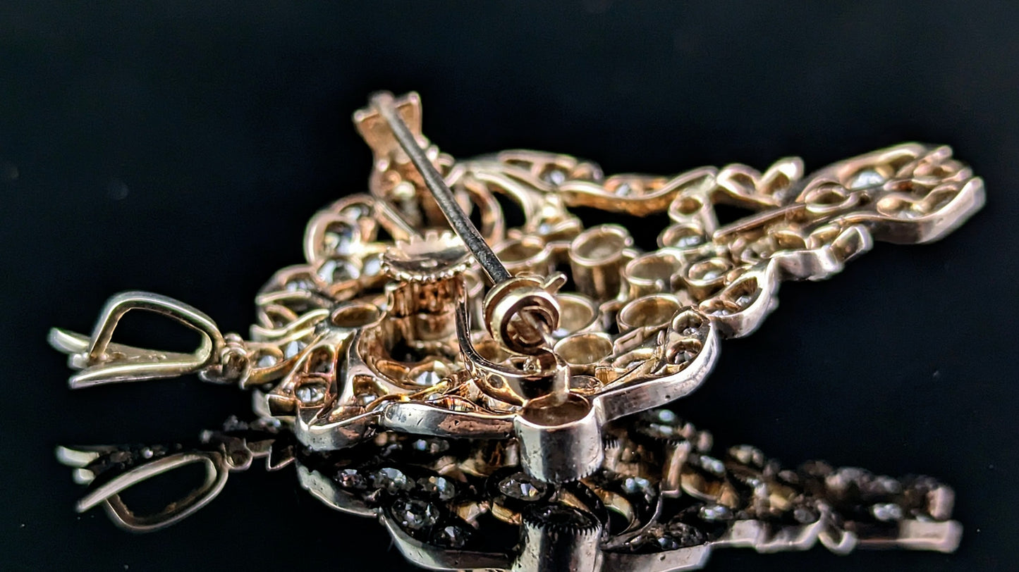 Antique Victorian Diamond pendant brooch, Bunch of grapes, 9ct gold and silver