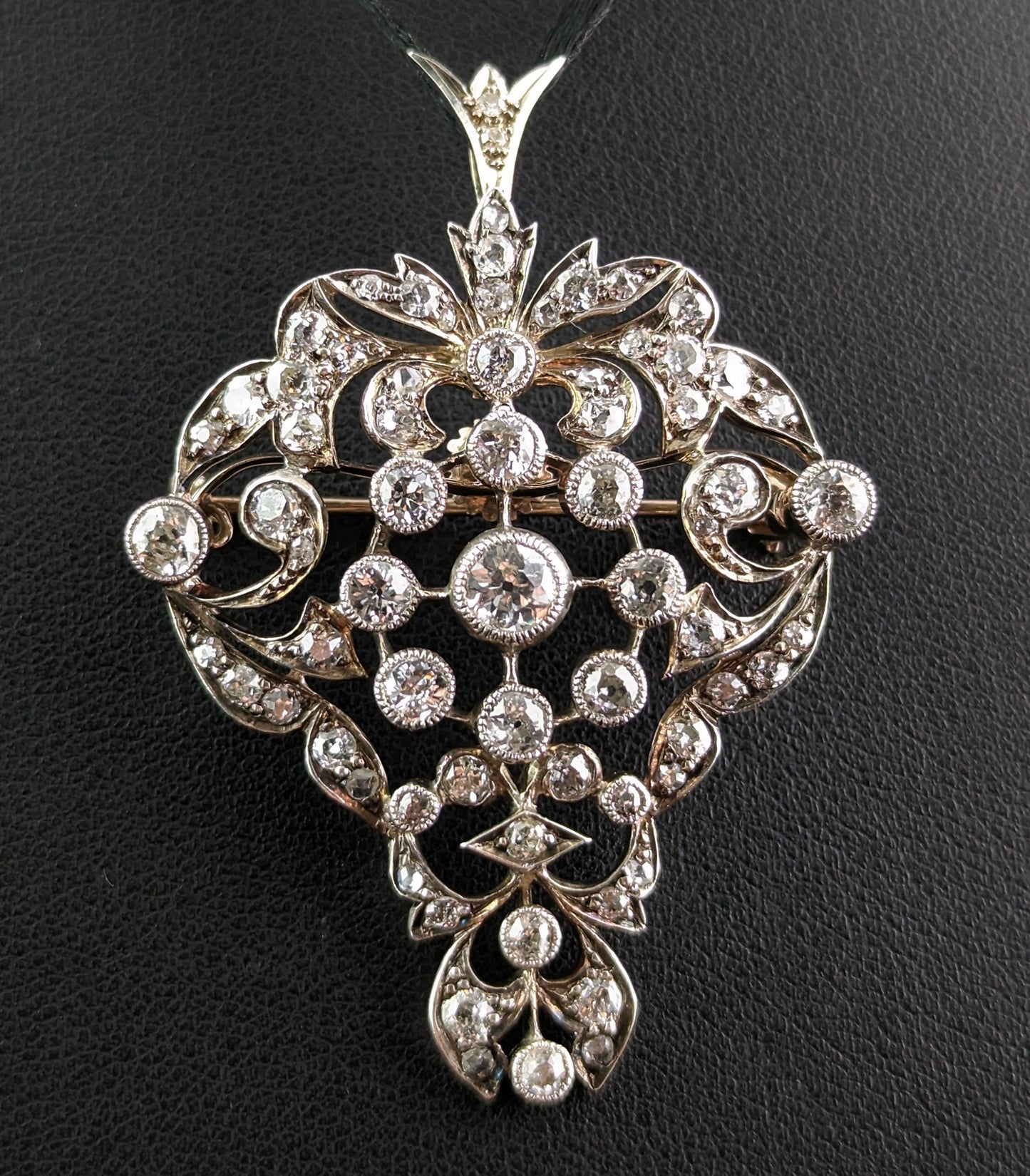 Antique Victorian Diamond pendant brooch, Bunch of grapes, 9ct gold and silver
