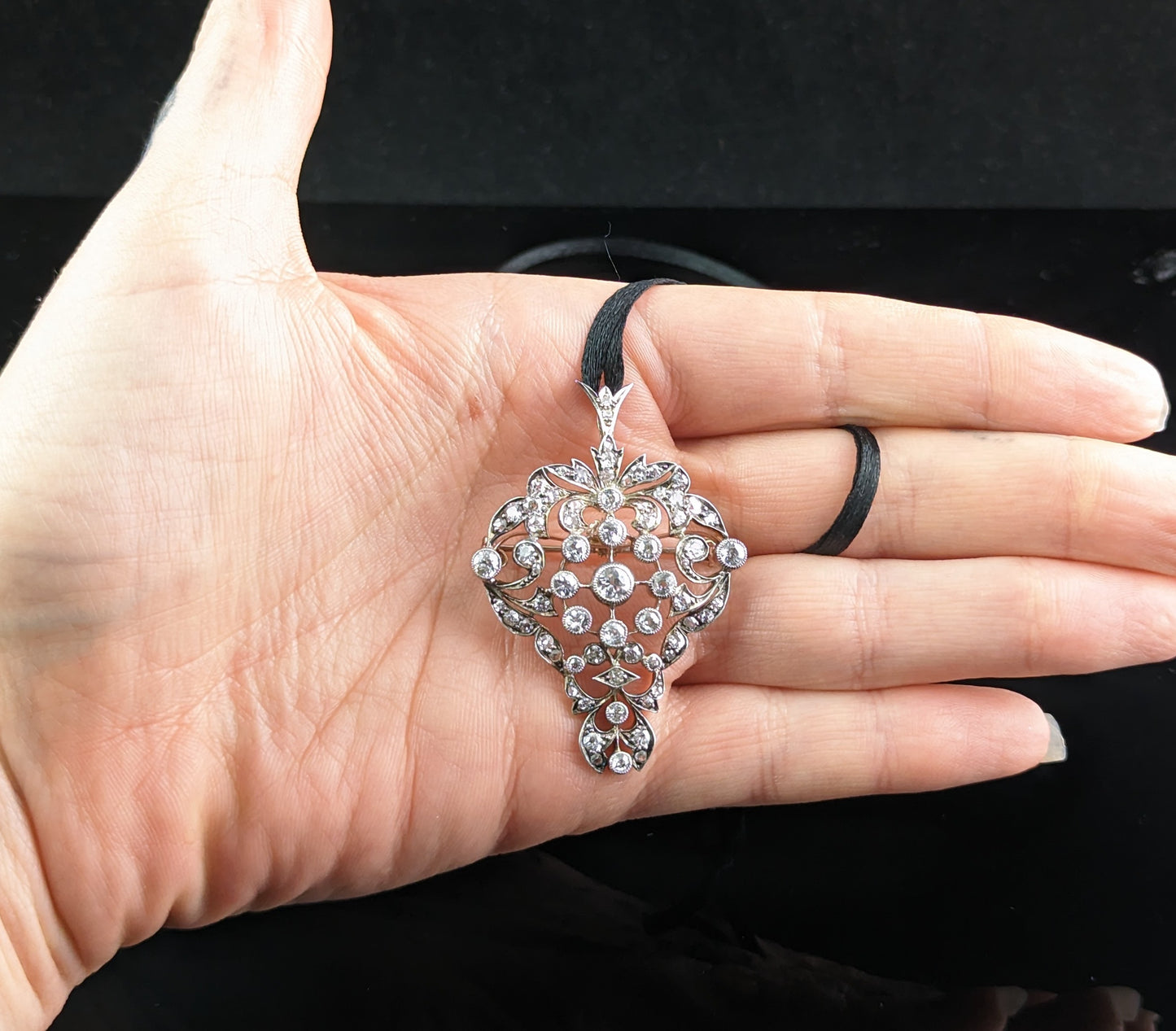 Antique Victorian Diamond pendant brooch, Bunch of grapes, 9ct gold and silver