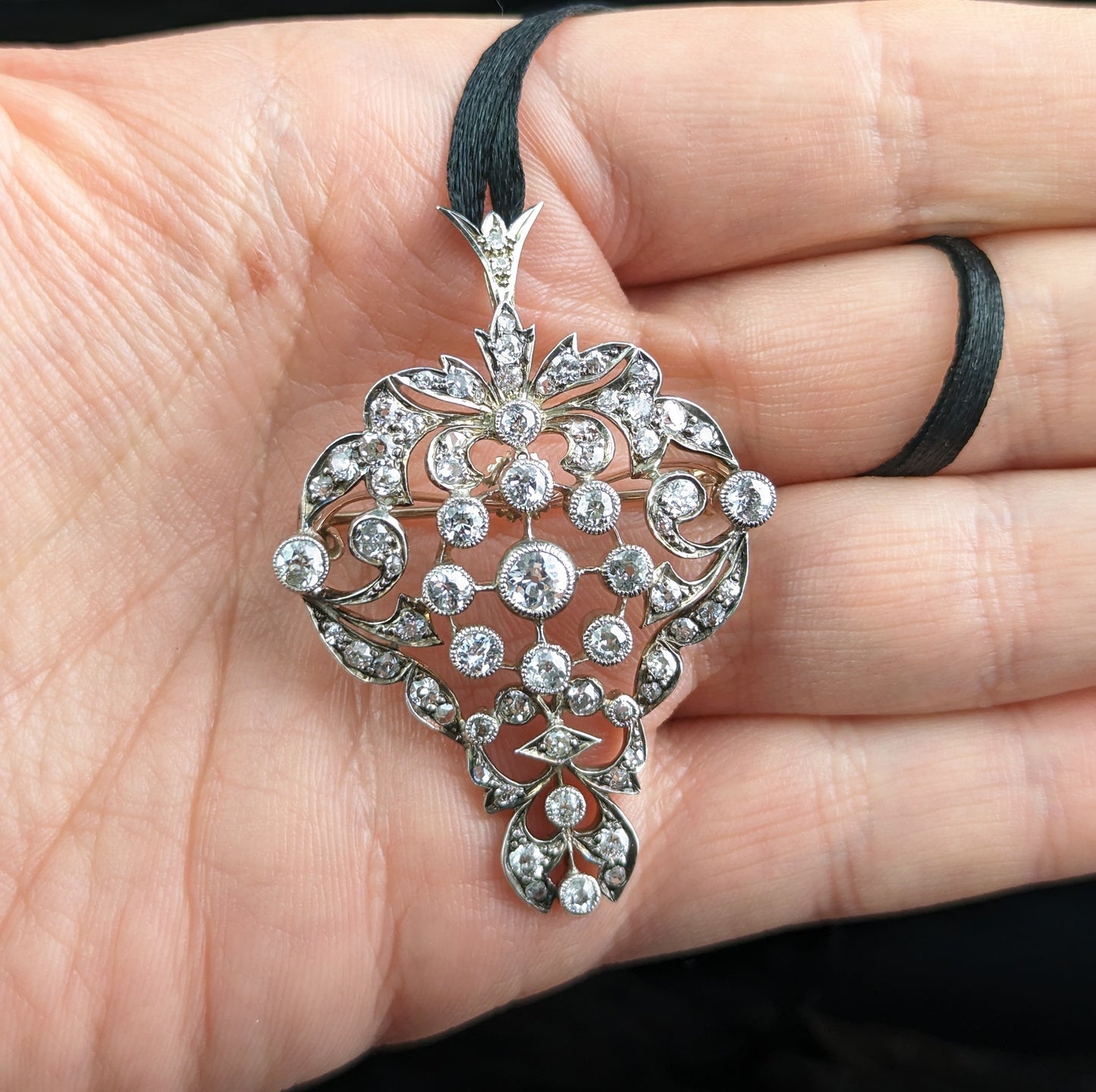 Antique Victorian Diamond pendant brooch, Bunch of grapes, 9ct gold and silver