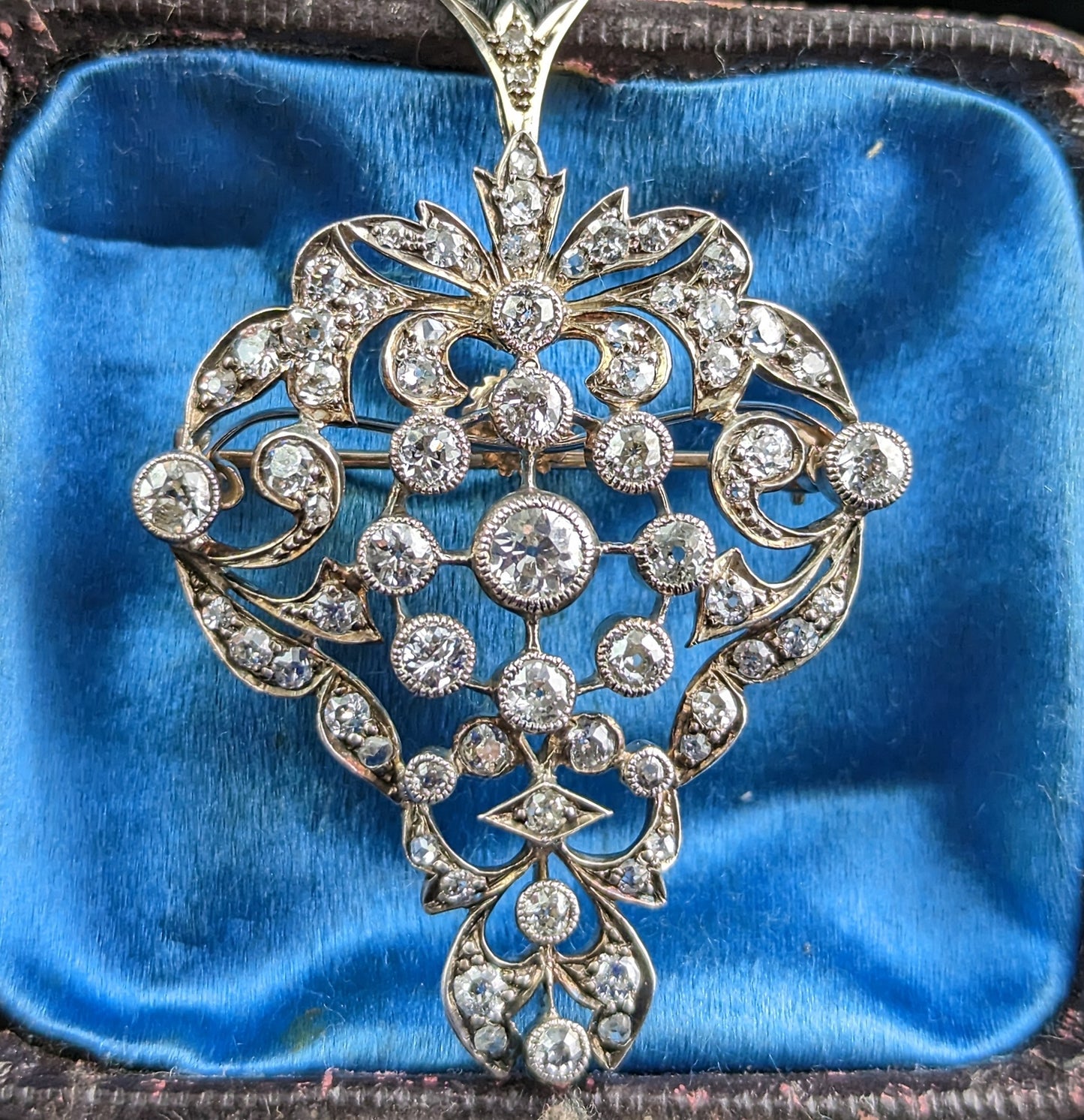 Antique Victorian Diamond pendant brooch, Bunch of grapes, 9ct gold and silver