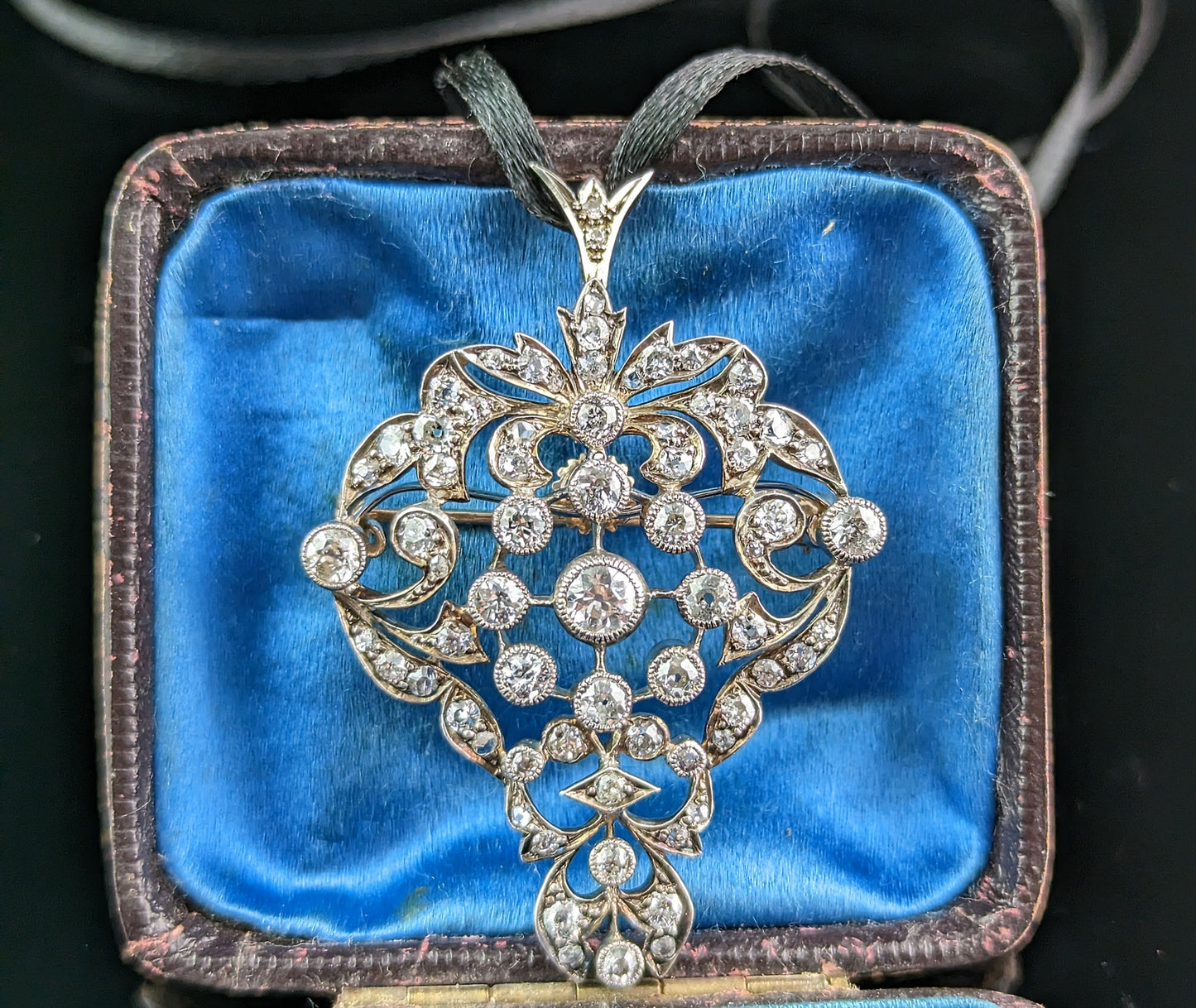 Antique Victorian Diamond pendant brooch, Bunch of grapes, 9ct gold and silver