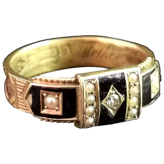 Victorian mourning ring, 15ct gold, pearl, black enamel and hairwork