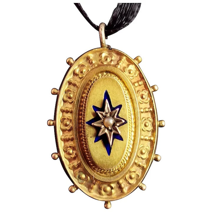 Antique Victorian 9ct gold Blue enamel pendant, seed pearl star