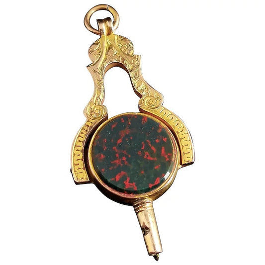 Victorian 9ct gold Watch key seal fob pendant, Masonic, bloodstone and sardonyx