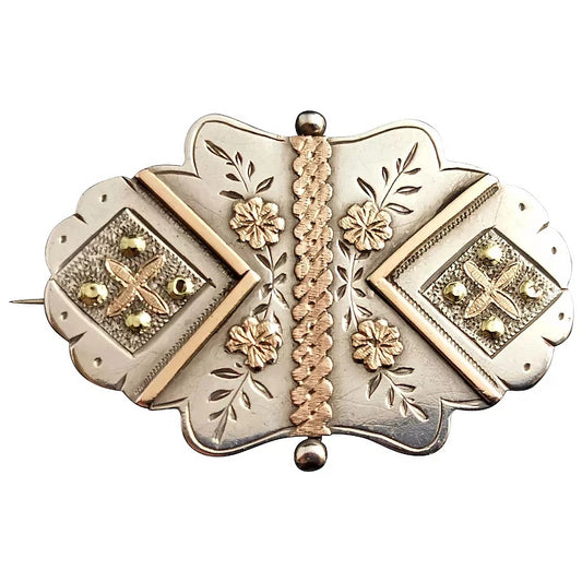 Victorian Aesthetic silver locket brooch, 9ct Rose and Yellow gold