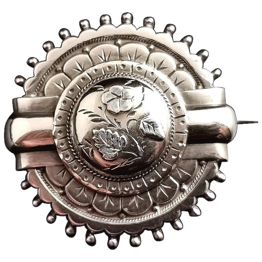 Antique Victorian Aesthetic silver locket brooch, target, floral, Rose gold