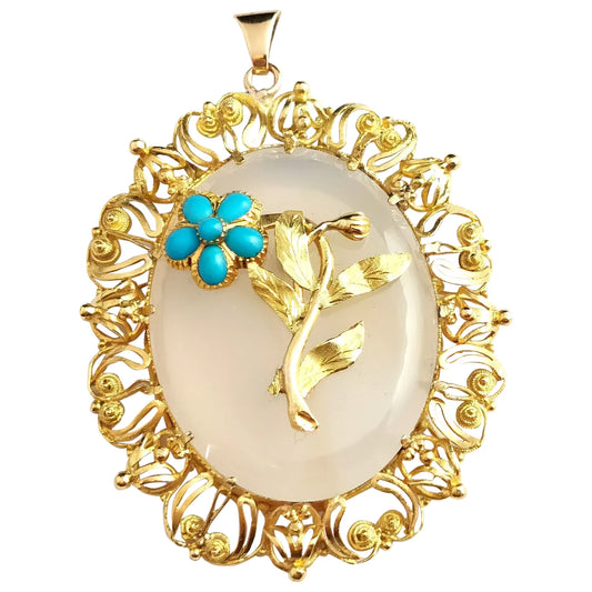 Antique Victorian Chalcedony and Turquoise Flower pendant, 18ct yellow gold
