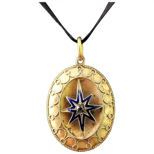 Antique Victorian Diamond star pendant, blue enamel, 9ct gold