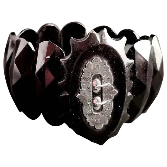 Antique Victorian Jet mourning bracelet, Sterling silver buckle, Bog oak