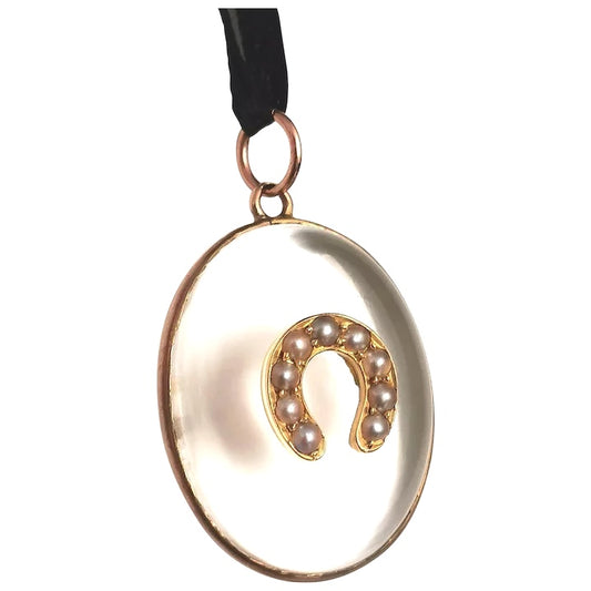 Antique Victorian Rock crystal pendant, horseshoe, split pearl and 9ct gold