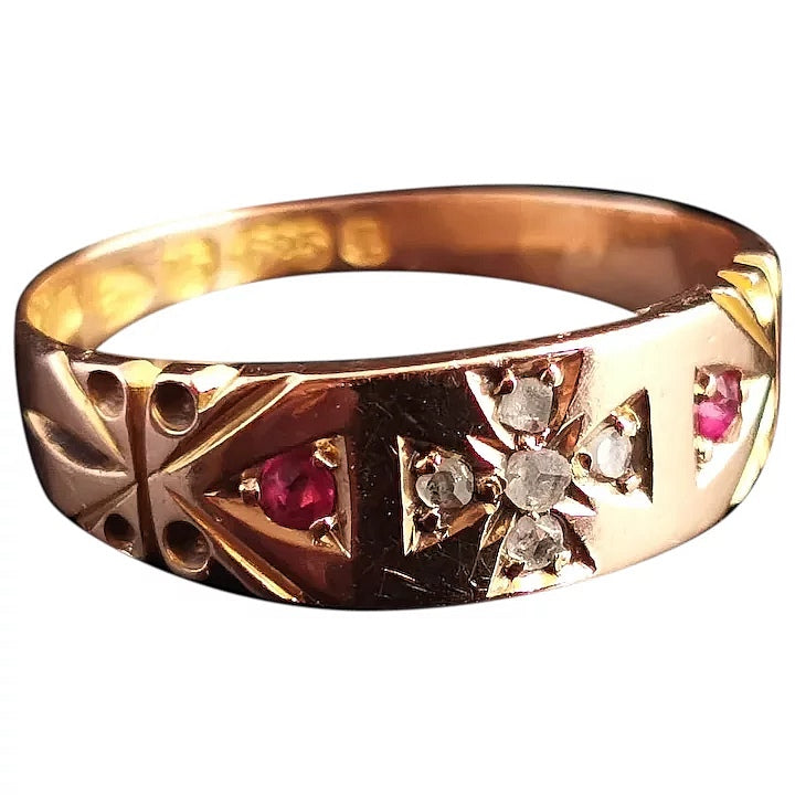 Antique Victorian Ruby and Diamond ring, Maltese Cross, 15ct yellow gold