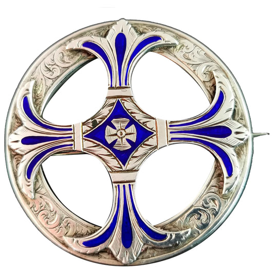 Antique Scottish silver and enamel brooch, Celtic Cross, Victorian