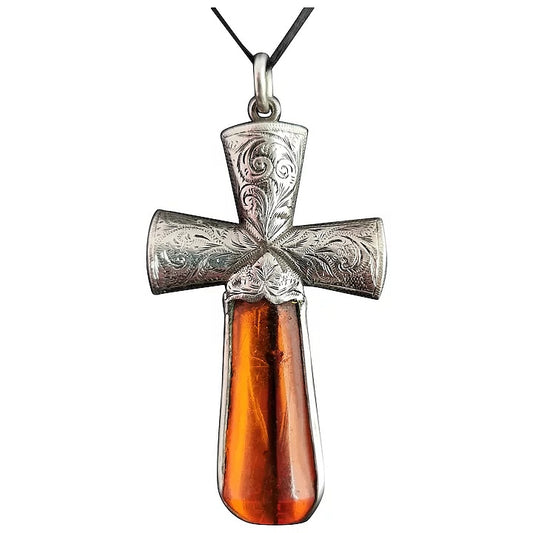 Antique Scottish silver and amber cross pendant