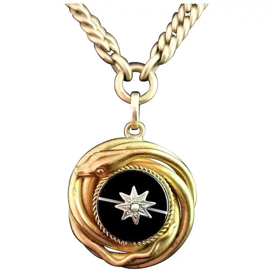 Victorian Agate snake pendant, Pinchbeck Albert chain, necklace