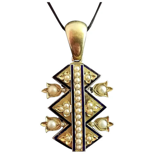 Victorian blue enamel and split pearl pendant, 9ct gold