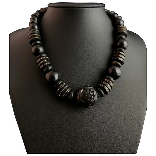 Victorian bog oak and wood bead necklace