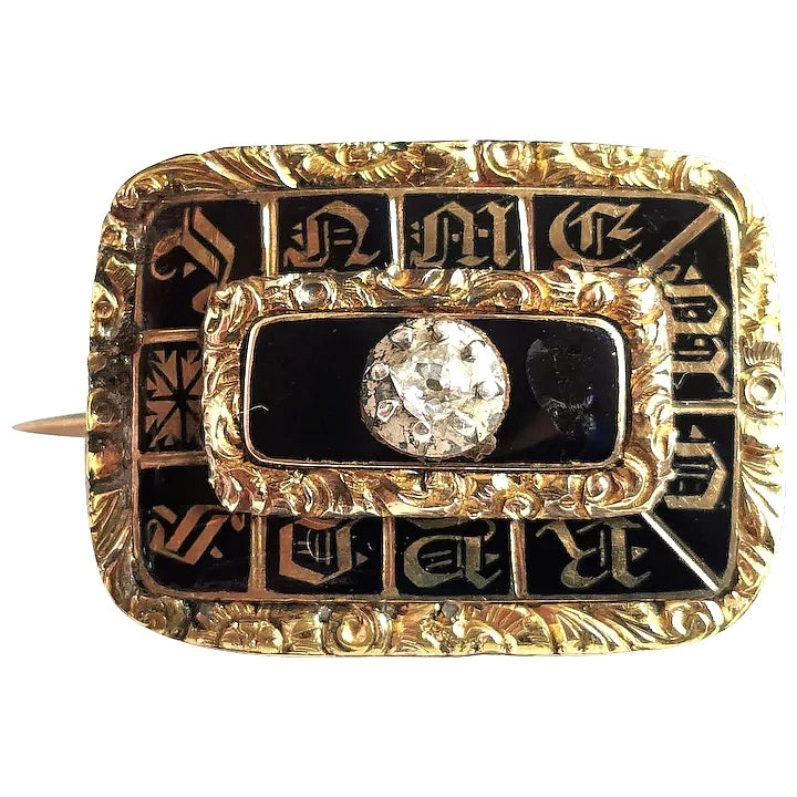 Antique Victorian diamond mourning brooch, 9ct gold and Black enamel