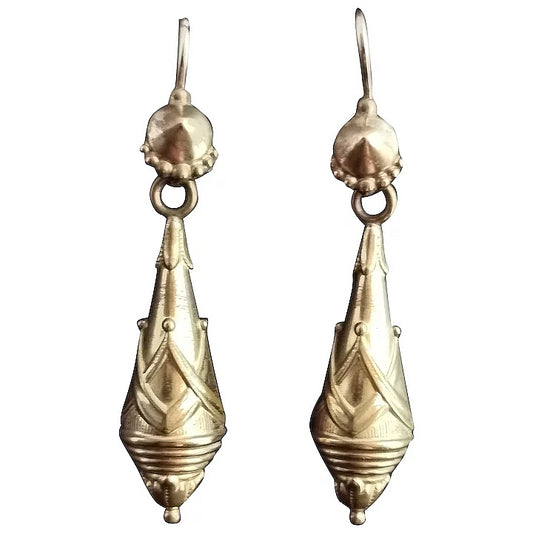 Victorian drop earrings, Etruscan revival, gold plated