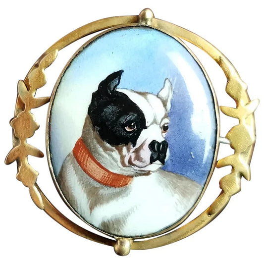 Antique Victorian bulldog brooch, enamelled
