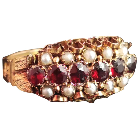 Victorian Garnet and Pearl ring, 15ct gold, engraved
