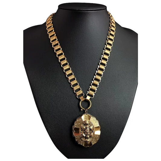 Victorian gilt locket and book chain necklace