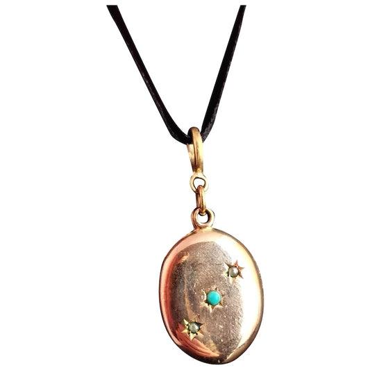 Victorian gold plated pendant, turquoise and seed pearl