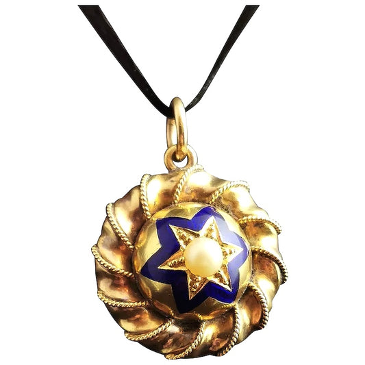 Victorian gold, blue enamel and split pearl star locket, pendant