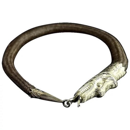 Victorian mourning bangle, 9ct gold snake, hairwork, ouroboros