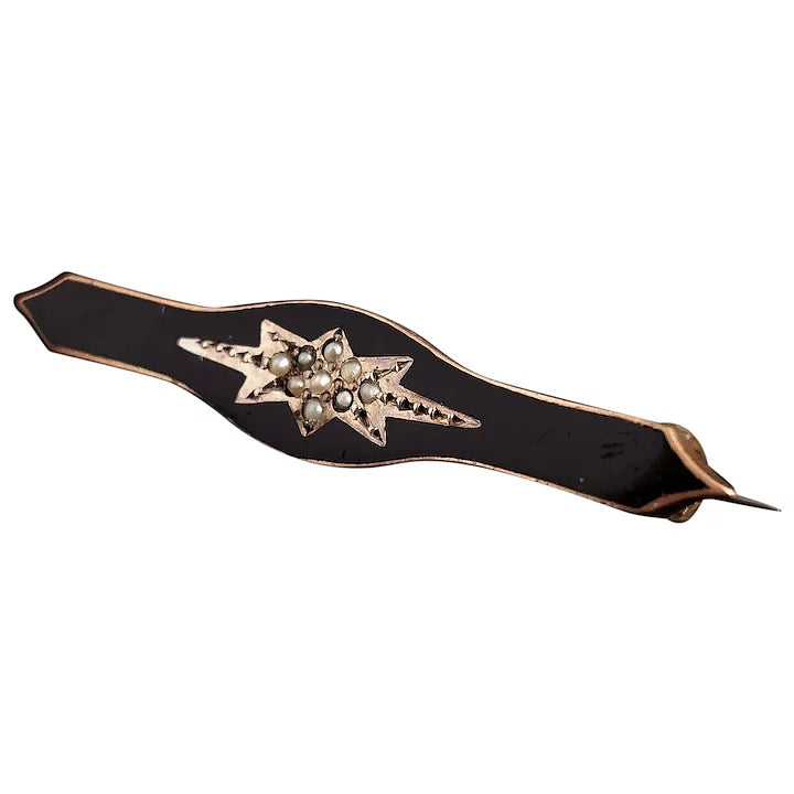 Antique Victorian mourning brooch, black enamel and seed pearl