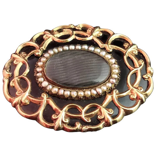 Victorian mourning brooch, 9ct gold, hairwork and seed pearl