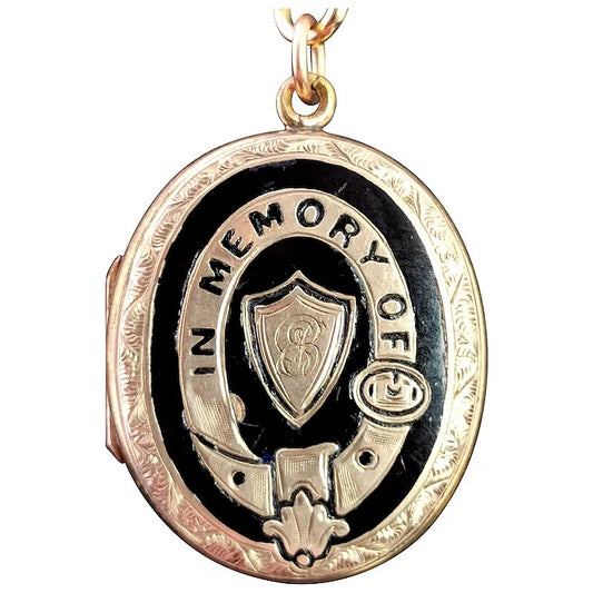 Victorian mourning locket, black enamel, In Memory Of