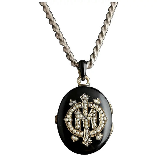Victorian mourning locket, Black enamel and seed pearl, IMO