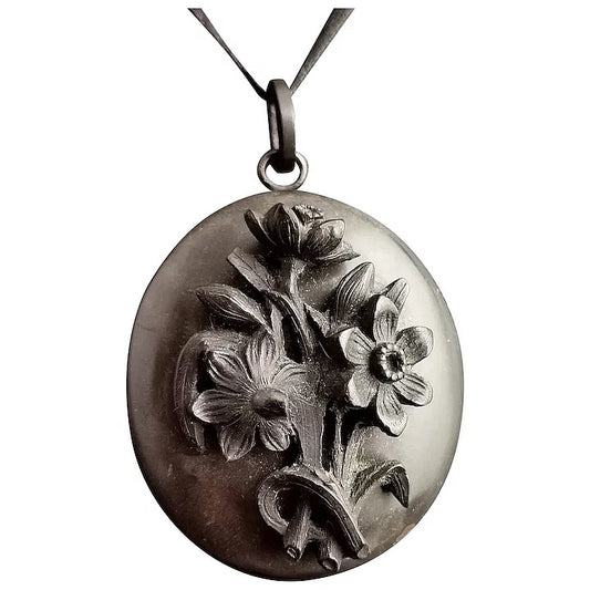 Antique Victorian mourning locket pendant, Vulcanite and Bog Oak, floral