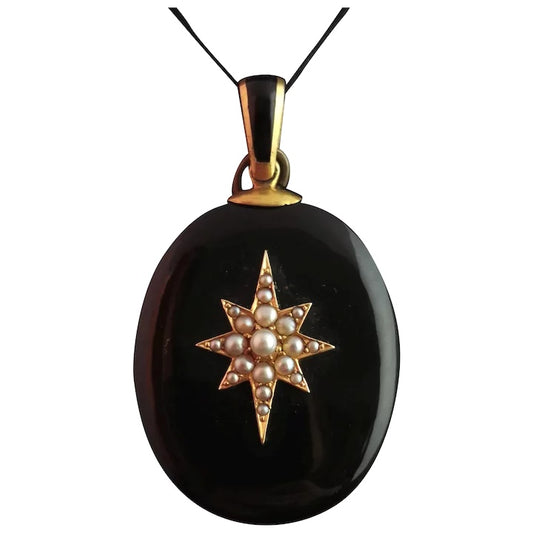 Victorian Onyx mourning locket, 15ct gold, pearl star
