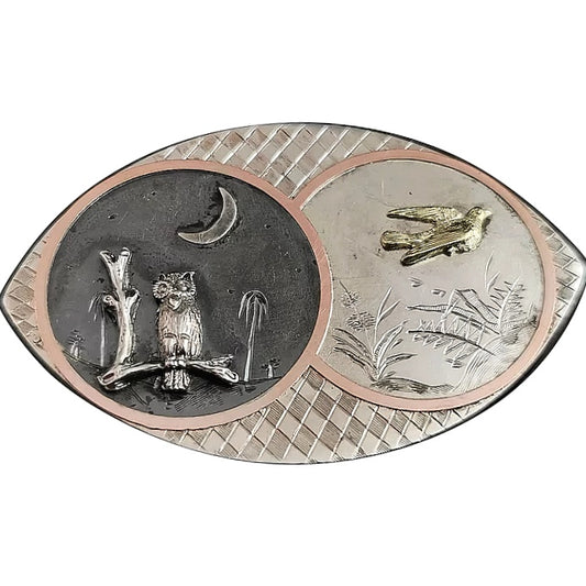Victorian Silver Day and Night brooch, Owl and Swallow, 9ct gold