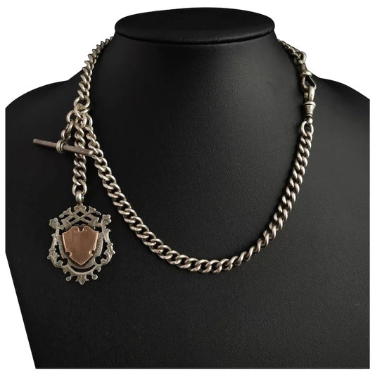 Antique Victorian silver Double Albert chain, watch chain, fob